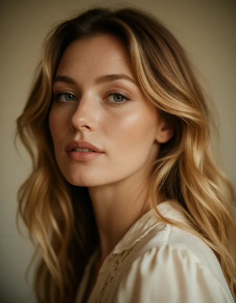 Portrait en gros plan d'une femme aux cheveux blonds ondulés, vêtue d'une robe en soie ivoire, éclairée par une lumière