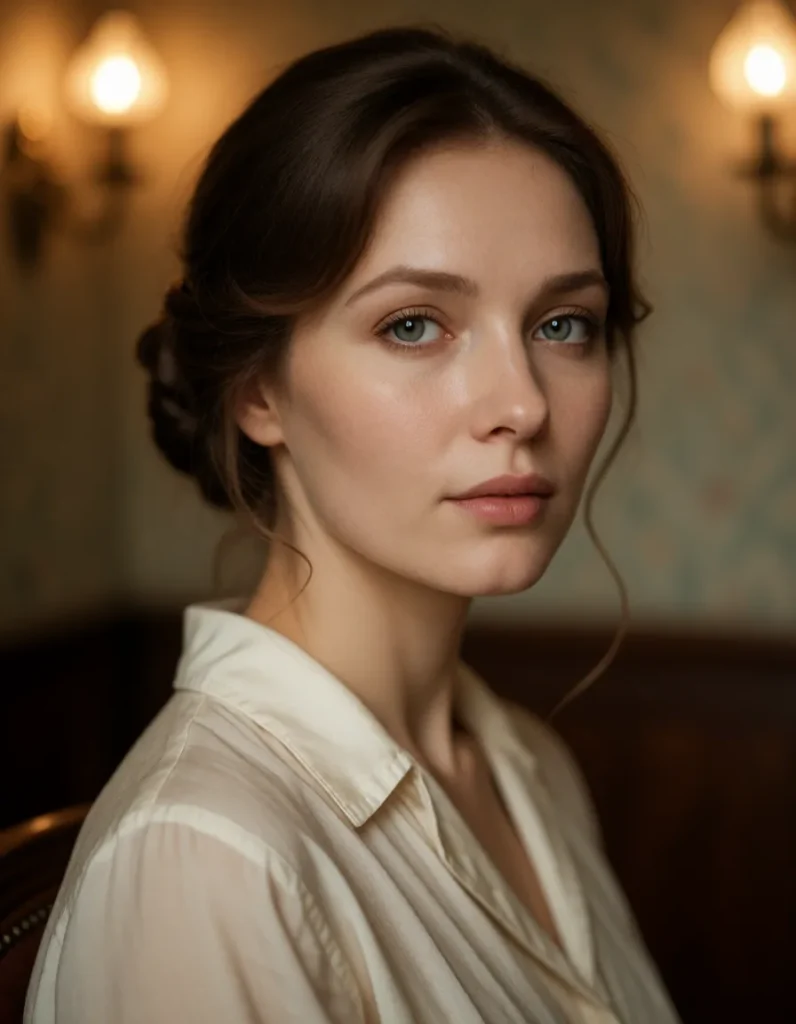 Portrait en gros plan d'une femme aux cheveux bruns lissés, vêtue d'une blouse blanche à manches longues, éclairée par une