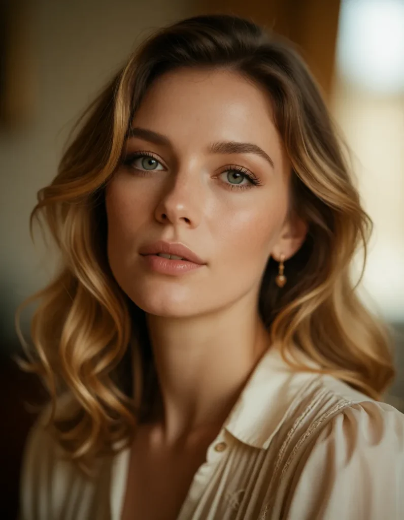 Jeune femme aux cheveux blonds ondulés, vêtue d'une robe à rayures verticales claires et foncées, éclairée par une lumière