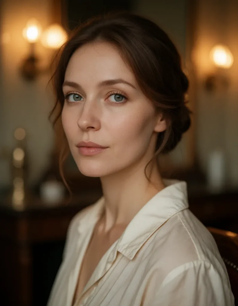 Portrait en gros plan d'une femme aux cheveux bruns lissés, vêtue d'un chemisier blanc à manches longues, dans un salon aux
