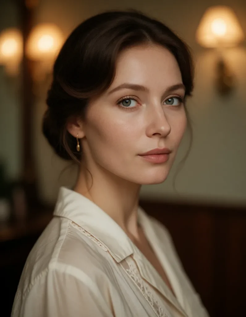 Portrait en gros plan d'une femme aux cheveux noirs lissés, portant un chemisier blanc à motifs discrets et un chapeau noir