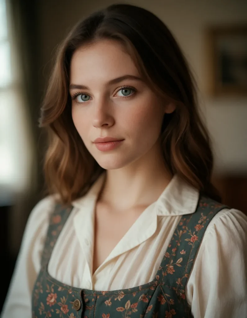 Jeune femme aux cheveux bruns bouclés, maquillage naturel, portant un chemisier blanc à rayures bleues et un gilet brodé de