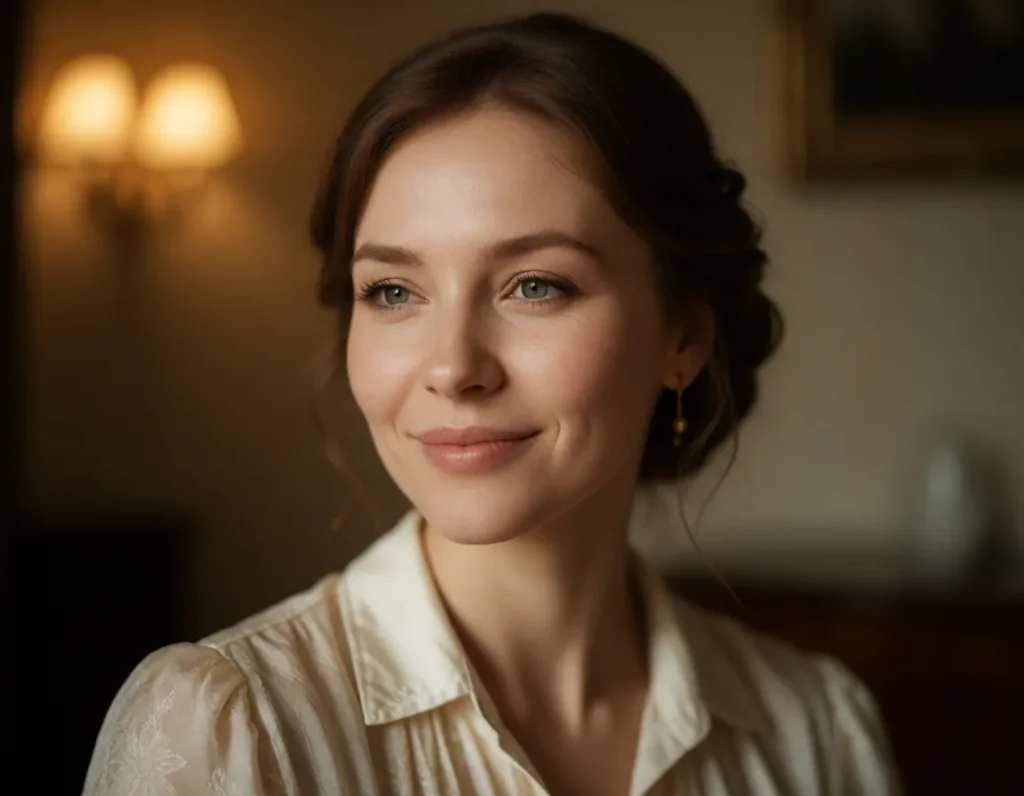 Portrait en lumière chaude d'une femme aux cheveux bruns mi-longs, vêtue d'un chemisier en soie crème à motifs géométriques