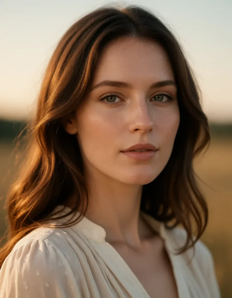 Portrait d'une jeune femme aux cheveux blonds et ondulés, vêtue d'une chemise blanche à manches longues, éclairée par une