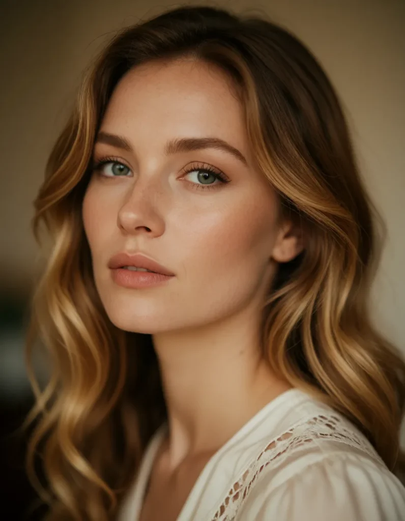 Portrait en gros plan d'une femme aux cheveux blonds ondulés, vêtue d'un chemisier blanc froissé, éclairée par une lumière