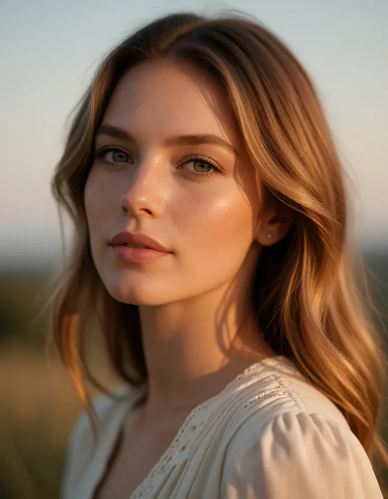 Portrait d'une femme aux cheveux blonds ondulés, vêtue d'une chemise à rayures bleues et blanches, éclairée par une lumière