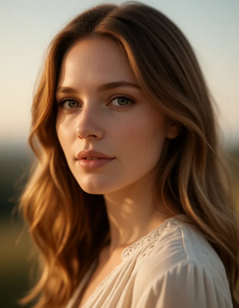 Portrait d'une femme aux cheveux blonds ondulés, vêtue d'une chemise à rayures bleues et blanches, éclairée par une lumière