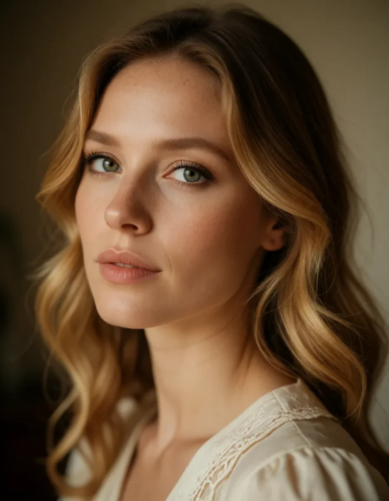 Portrait en gros plan d'une femme aux cheveux blonds ondulés, vêtue d'une robe en dentelle blanche, éclairée par une lumière