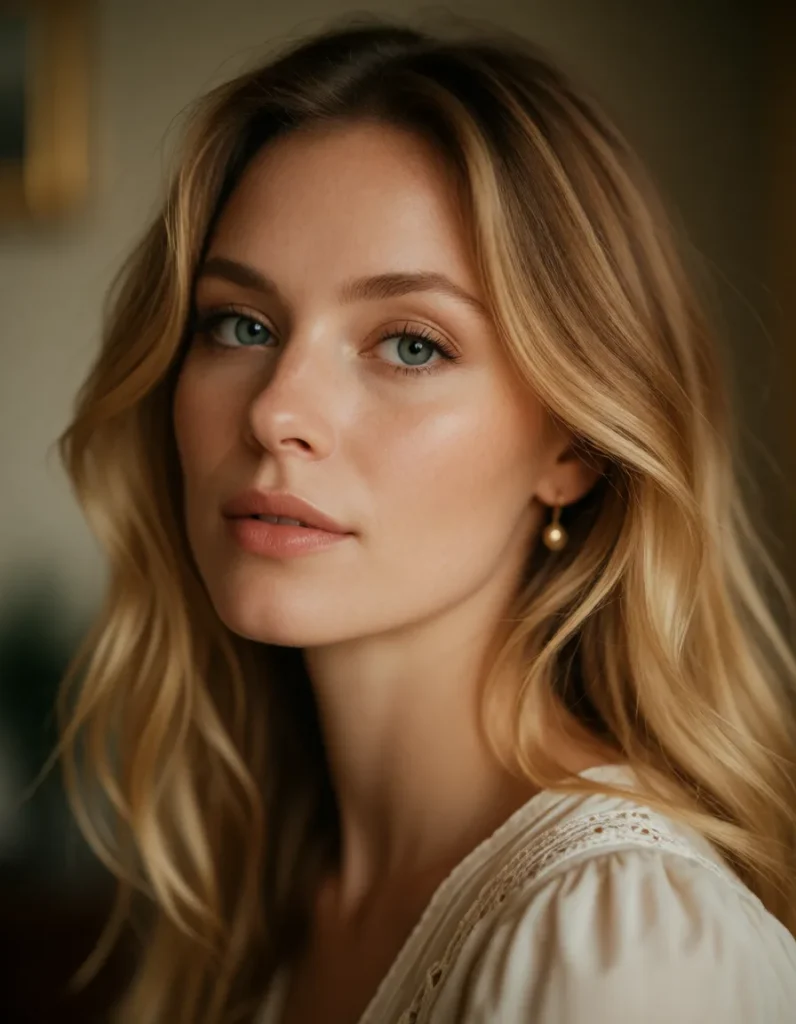Portrait en gros plan d'une femme aux cheveux blonds ondulés, vêtue d'une robe en lin beige, éclairée par une lumière douce
