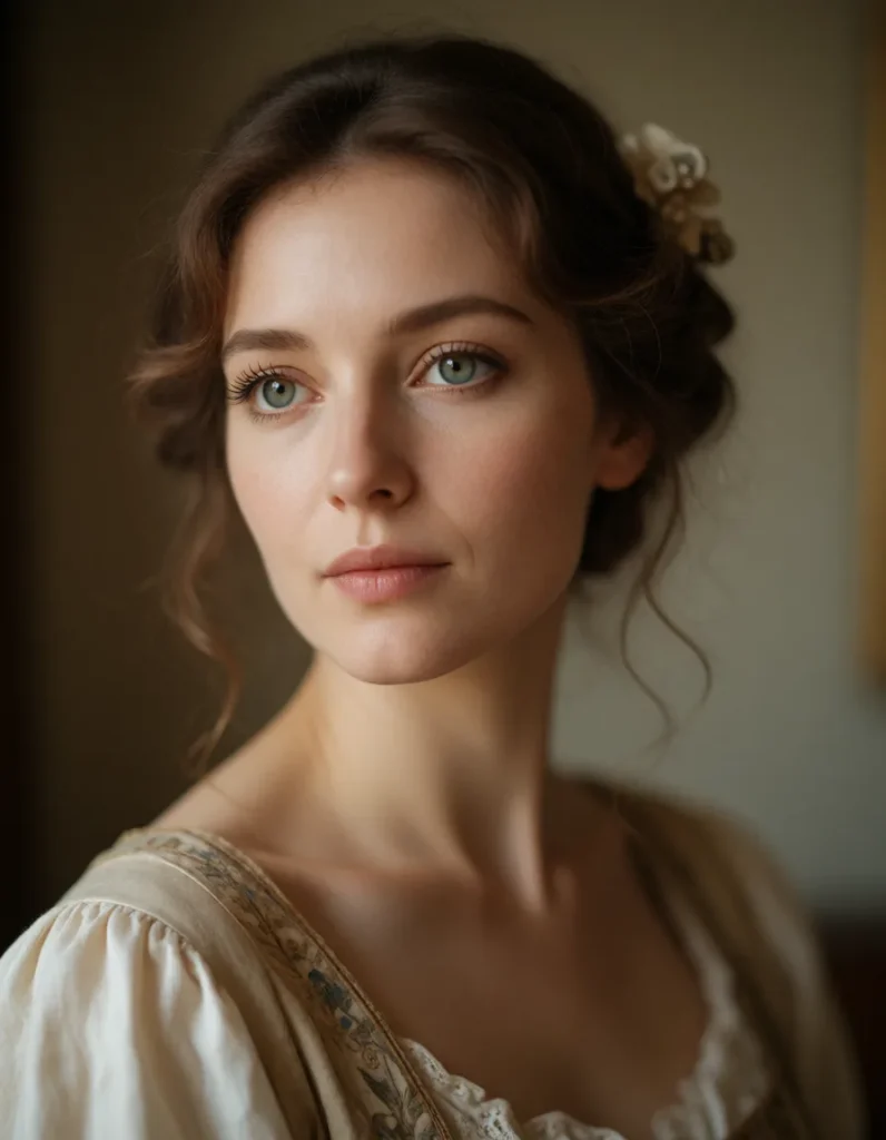Portrait d'une femme aux cheveux blonds ondulés, vêtue d'une robe en dentelle ivoire, éclairée par une lumière douce et