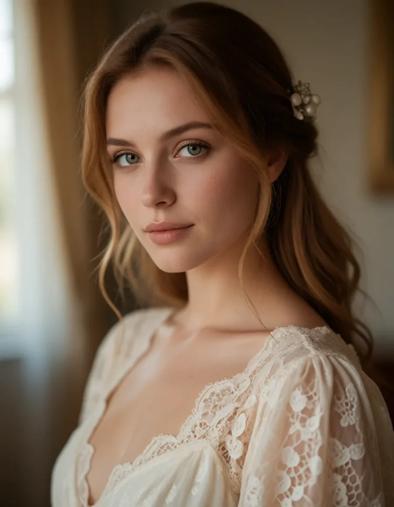 Portrait d'une jeune femme aux cheveux bruns ondulés, vêtue d'une robe en dentelle ivoire à motifs floraux, bijou délicat à