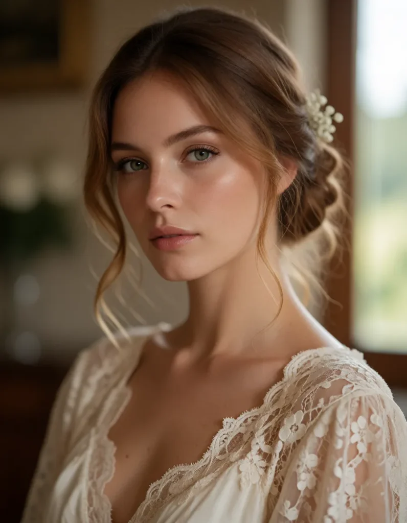 Portrait d'une femme aux cheveux bouclés blonds vêtue d'une robe en dentelle ivoire, lumière douce et fond flou aux tons