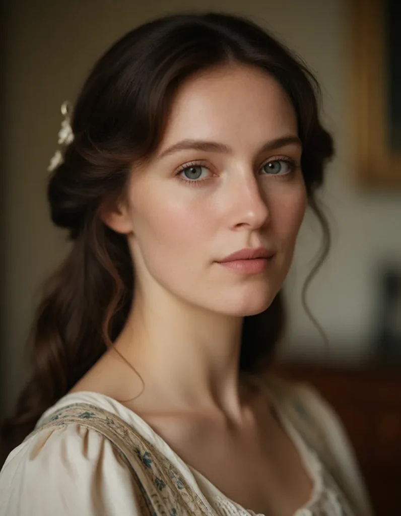 Portrait en noir et blanc d'une femme aux cheveux bruns ondulés, vêtue d'une robe à manches longues en dentelle claire