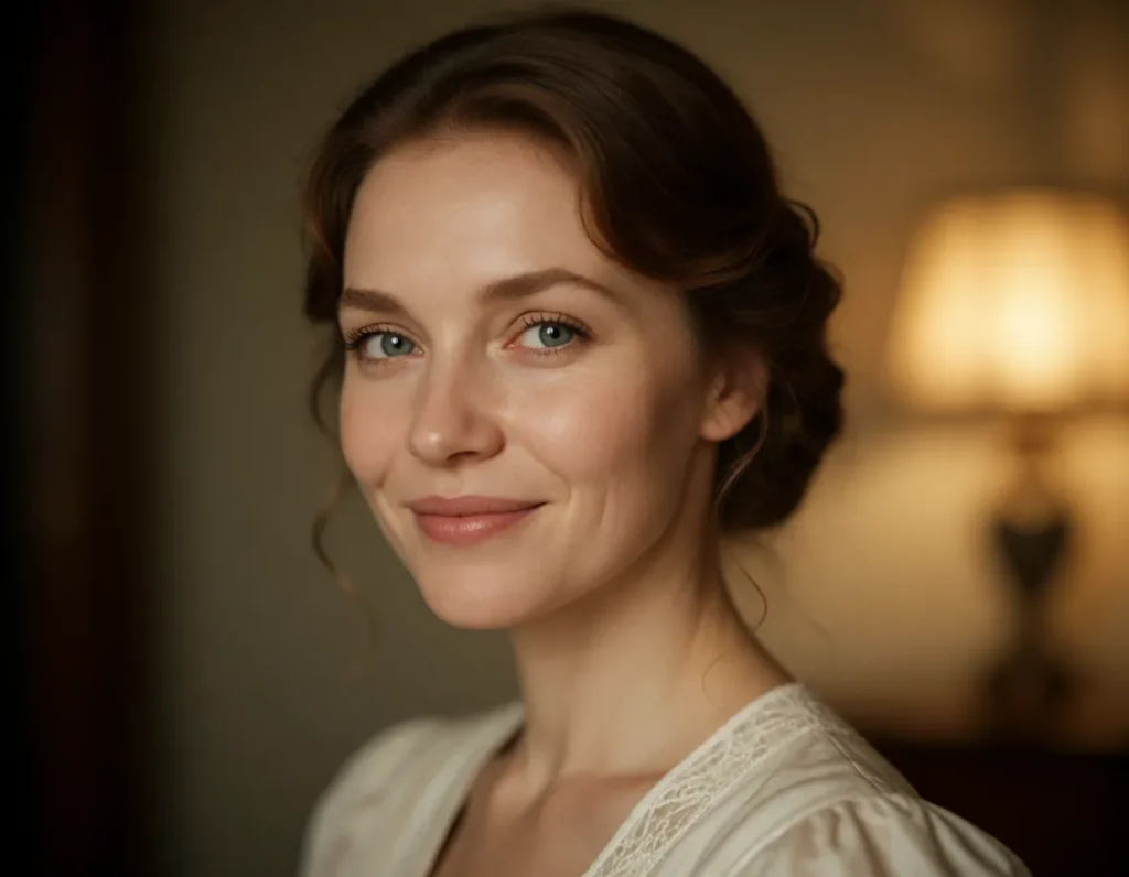 Portrait en noir et blanc d'une femme élégante aux cheveux bruns ondulés, vêtue d'un chemisier en soie à motifs discrets
