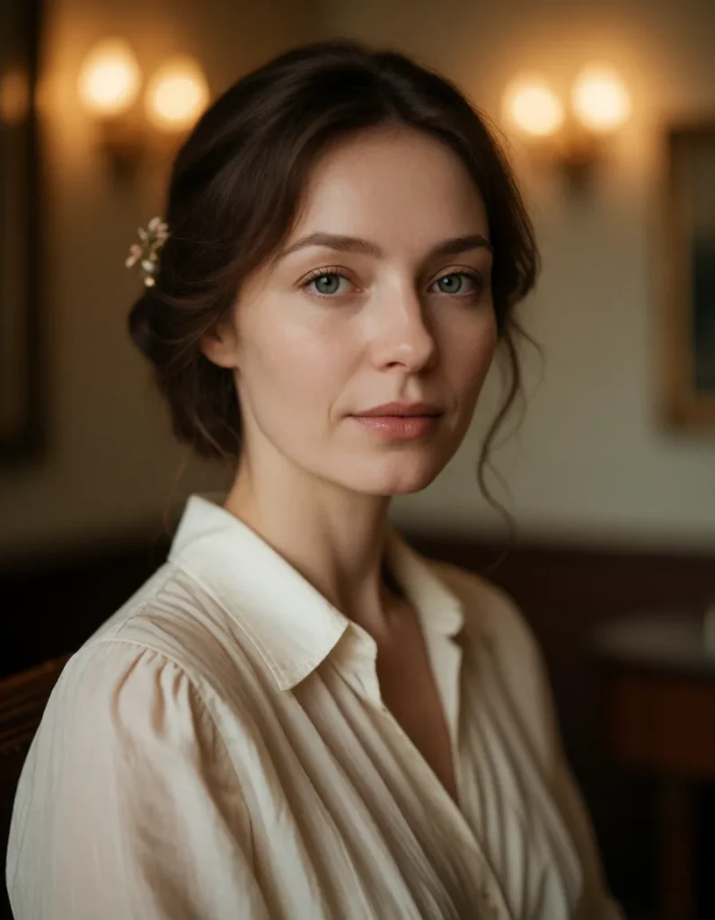 Portrait en noir et blanc d'une femme aux cheveux bruns, vêtue d'une chemise blanche à rayures, dans un salon aux lumières
