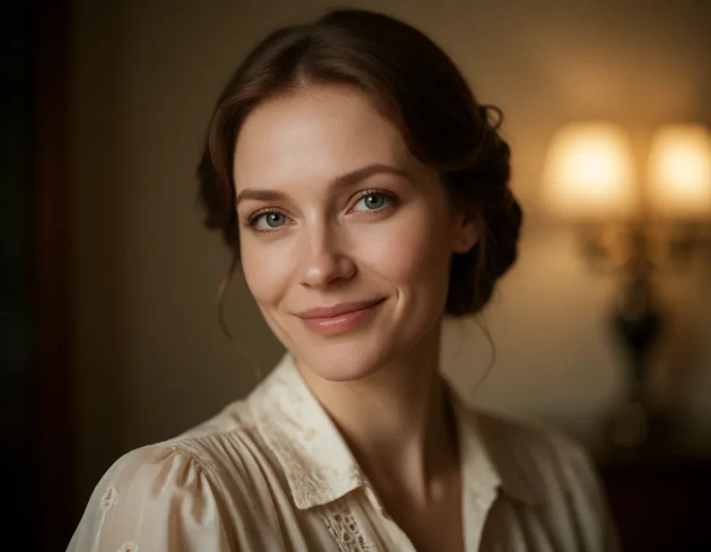 Portrait en lumière dorée d'une femme aux cheveux courts bruns, vêtue d'une chemise à rayures fines et d'un gilet en velours