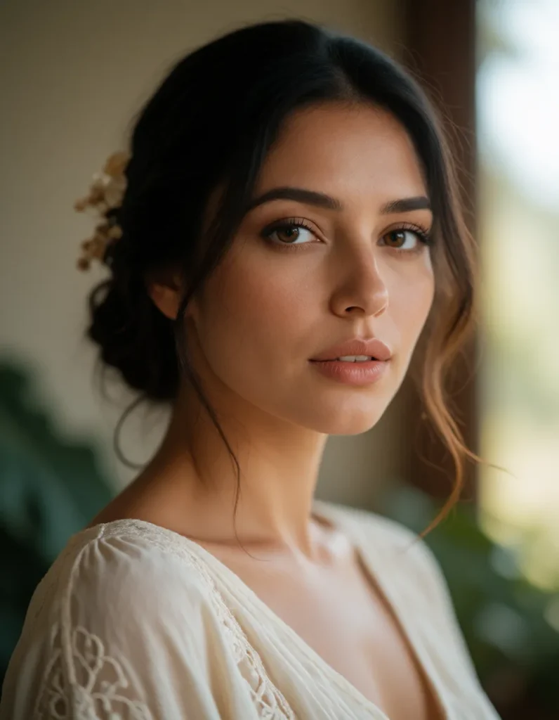 Portrait d'une femme aux cheveux bruns bouclés, vêtue d'une robe à motifs ajourés crème et blanc, dans une lumière douce et
