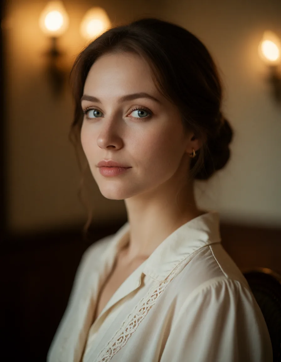 Portrait en gros plan d'une femme aux cheveux noirs lissés, vêtue d'une robe blanche à motifs ajourés, dans un salon aux