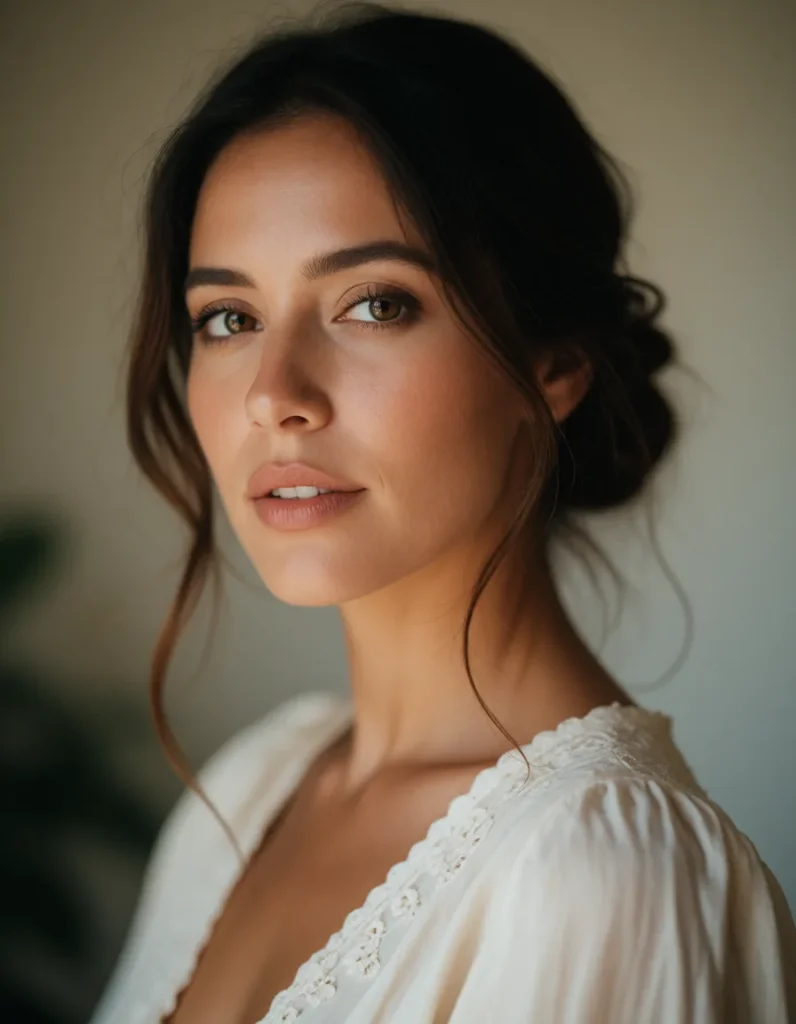 Portrait d'une femme aux cheveux bruns ondulés, vêtue d'une robe blanche à manches bouffantes, dans une lumière douce et