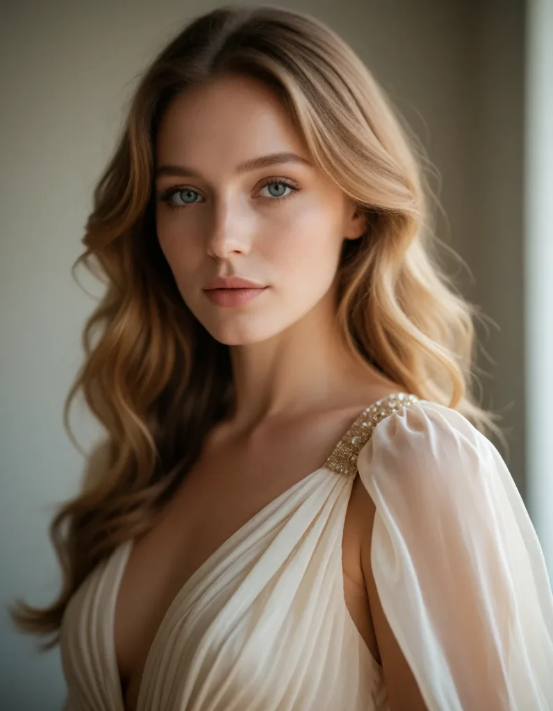 Portrait d'une femme aux cheveux blonds ondulés vêtue d'une robe blanche fluide aux détails dorés, éclairée par une lumière