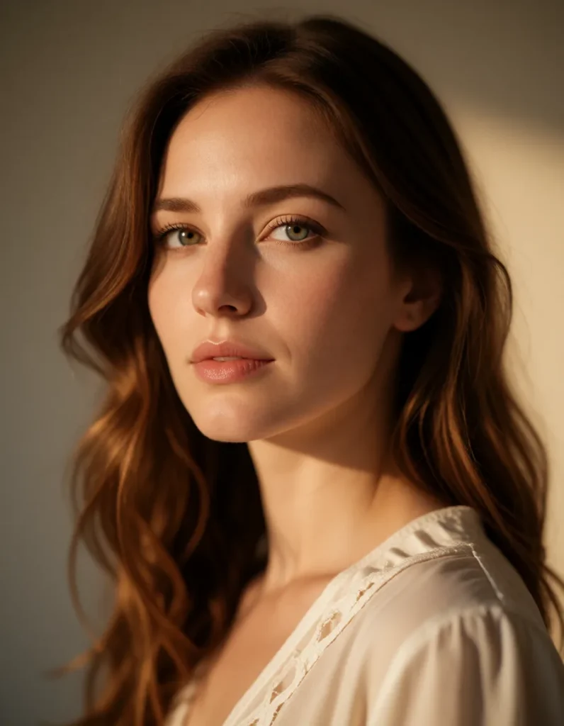 Portrait d'une femme aux cheveux bruns ondulés, vêtue d'une robe blanche en mousseline, éclairée par une lumière dorée et