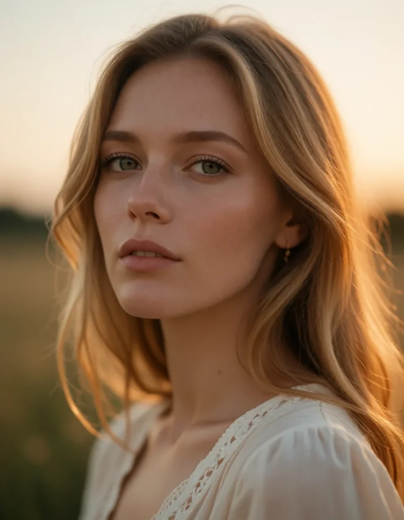 Portrait d'une femme aux cheveux blonds ondulés, vêtue d'une robe blanche à manches bouffantes, éclairée par une lumière