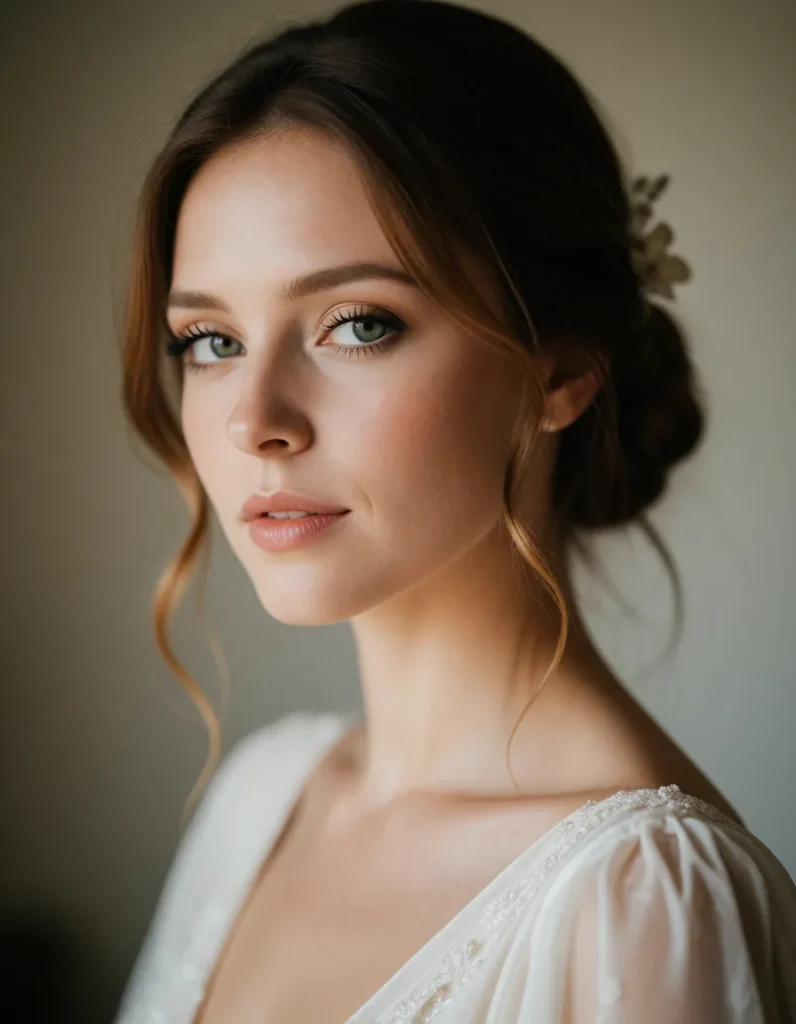 Portrait d'une jeune femme aux cheveux bruns lissés, vêtue d'une robe blanche en mousseline, dans une lumière douce et des