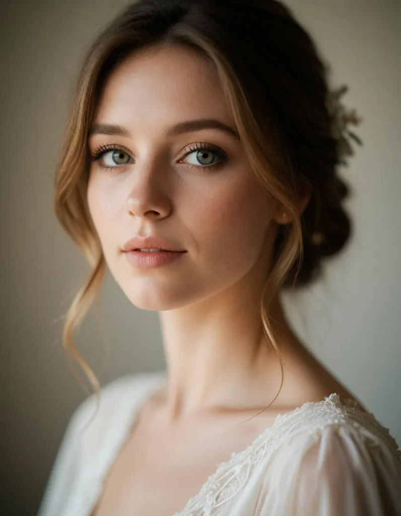 Portrait en gros plan d'une femme aux cheveux blonds ondulés, vêtue d'une robe blanche en mousseline, éclairée par une