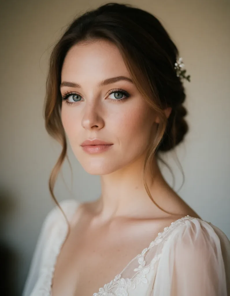 Portrait d'une jeune femme aux cheveux bruns ondulés, vêtue d'une robe blanche en mousseline à manches bouffantes, éclairée