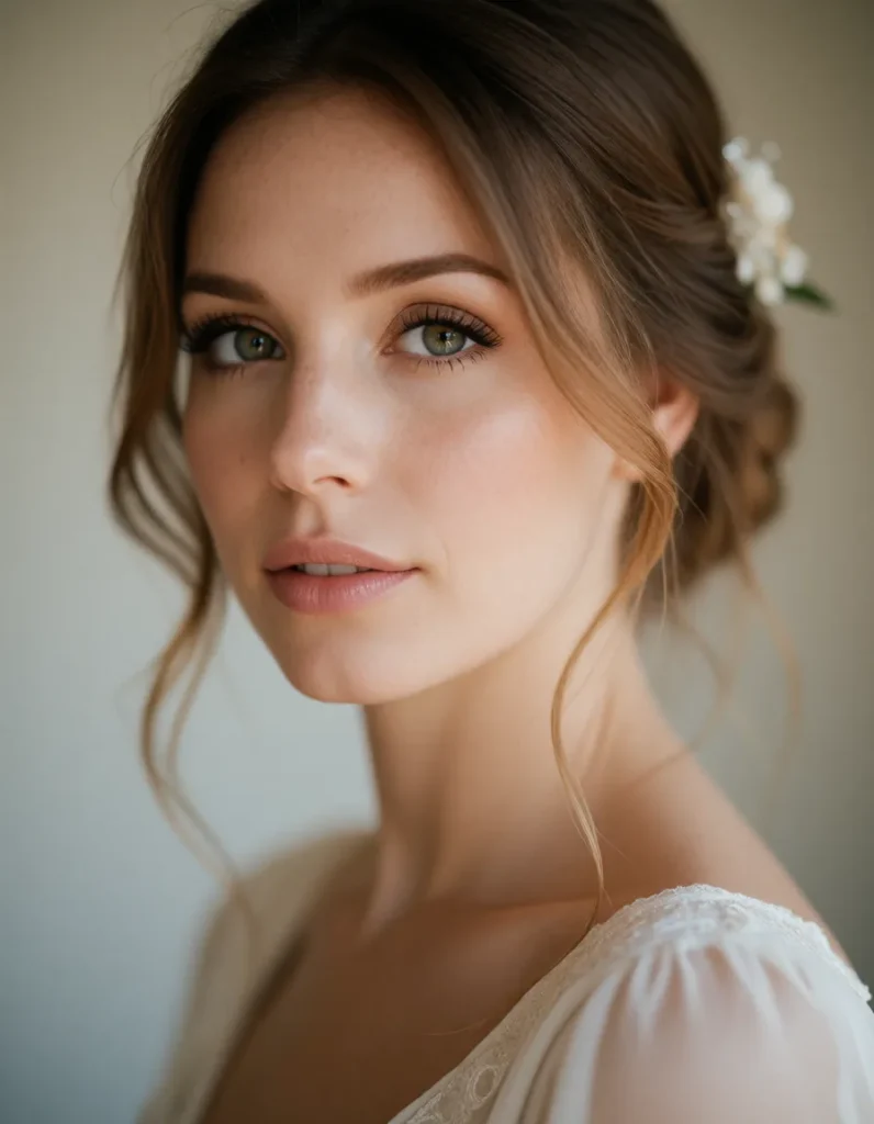 Portrait d'une femme aux cheveux blonds ondulés, vêtue d'une robe blanche en mousseline, éclairée par une lumière douce et