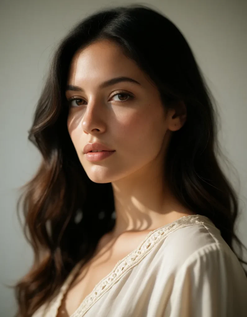 Portrait d'une femme aux cheveux bruns ondulés vêtue d'une robe blanche à manches longues, éclairée par une lumière douce et