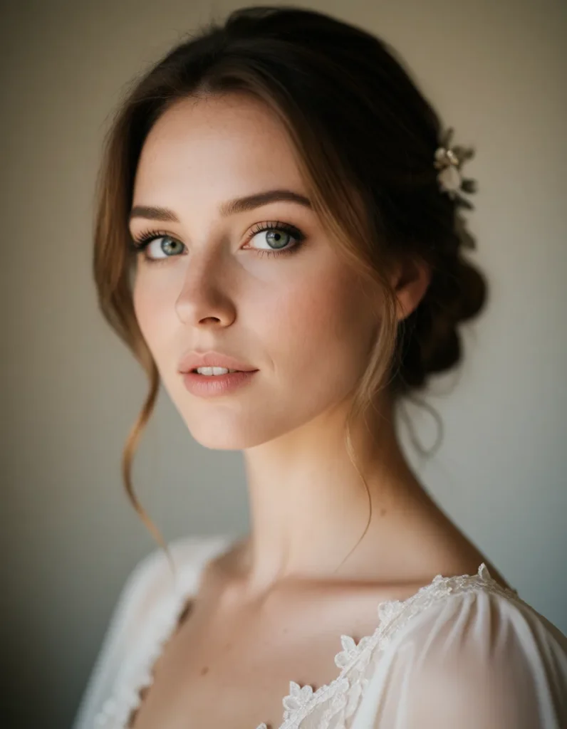 Portrait en lumière douce d'une jeune femme aux cheveux bruns ondulés, vêtue d'une robe blanche en mousseline, collier de