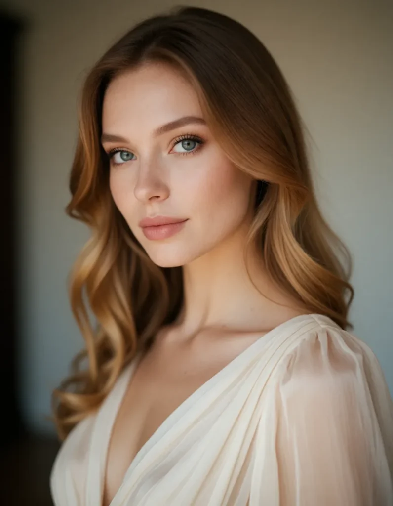Portrait d'une femme aux cheveux blonds ondulés, vêtue d'une robe blanche fluide, éclairée par une lumière douce et