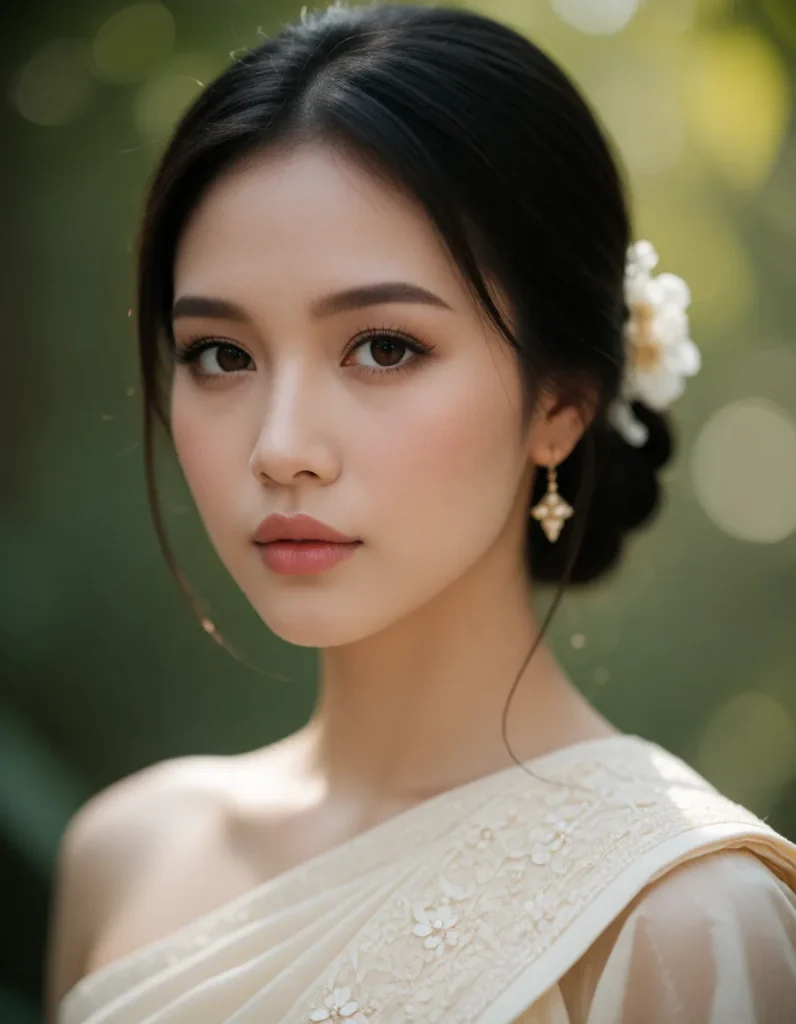 Portrait d'une femme aux traits asiatiques, cheveux noirs lissés, portant une robe blanche à motifs brodés, dans un jardin