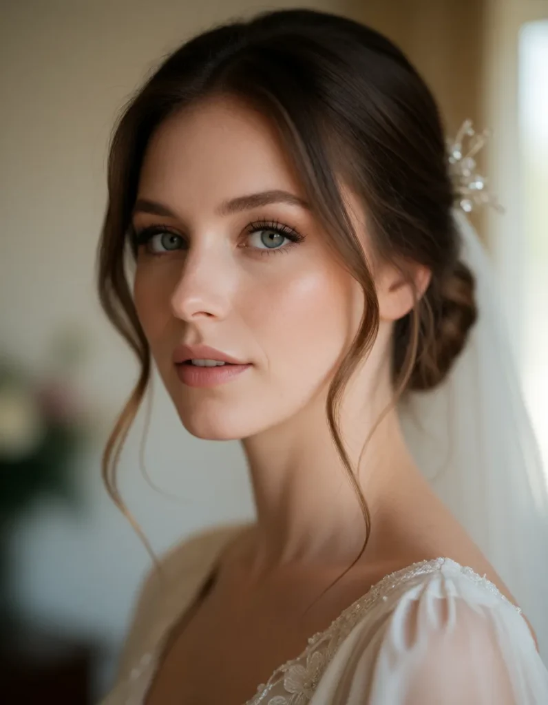 Portrait en gros plan d'une femme aux cheveux bruns ondulés, vêtue d'une robe blanche en dentelle, dans un intérieur aux