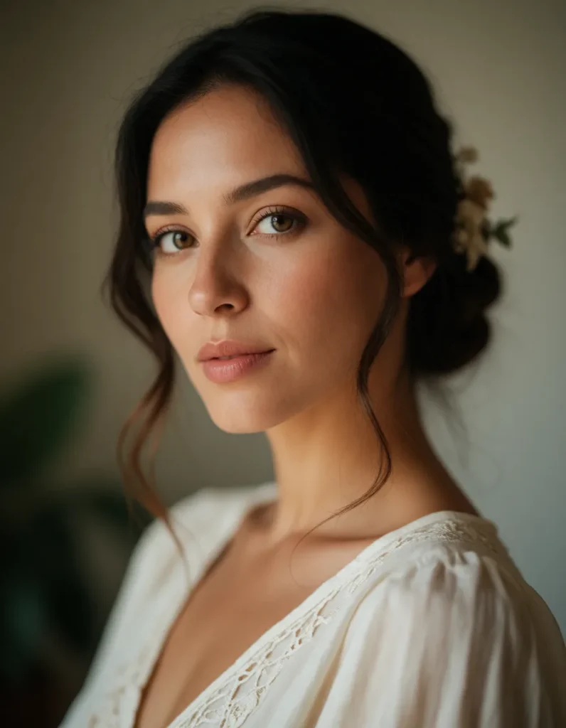 Portrait d'une femme aux cheveux bruns bouclés, vêtue d'une robe blanche en dentelle, éclairée par une lumière douce et