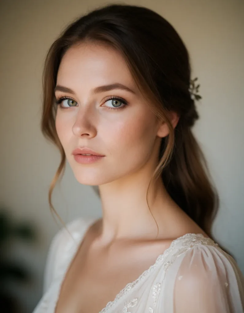 Portrait en noir et blanc d'une jeune femme aux cheveux bruns mi-longs, vêtue d'une robe en dentelle blanche à manches