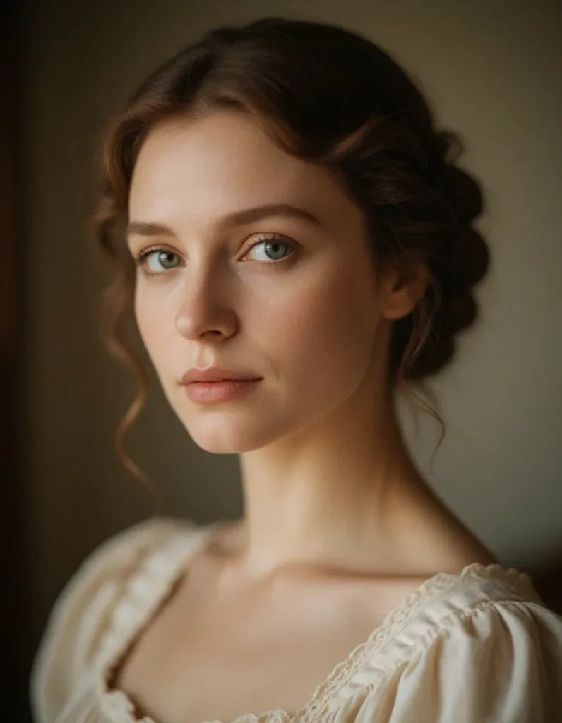Portrait en noir et blanc d'une femme aux cheveux bruns ondulés, vêtue d'une robe en dentelle claire, lumière douce et fond