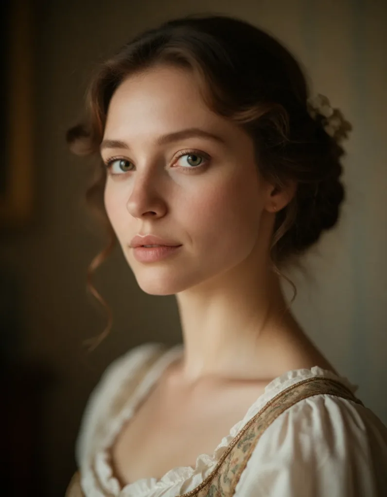 Portrait en noir et blanc d'une femme aux cheveux bruns bouclés, vêtue d'une robe à manches bouffantes en dentelle blanche
