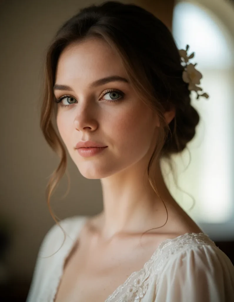 Portrait en noir et blanc d'une femme aux cheveux bouclés, vêtue d'une robe en dentelle claire, éclairée par une lumière