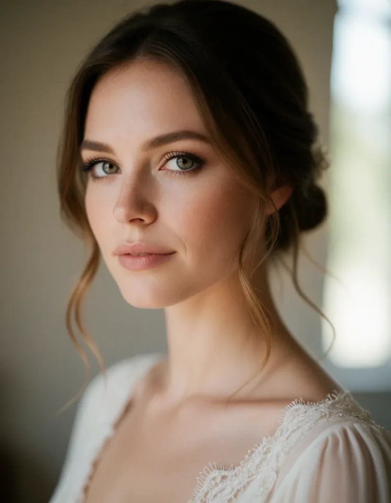 Portrait en noir et blanc d'une jeune femme aux cheveux blonds ondulés, vêtue d'une robe en dentelle claire, lumière douce