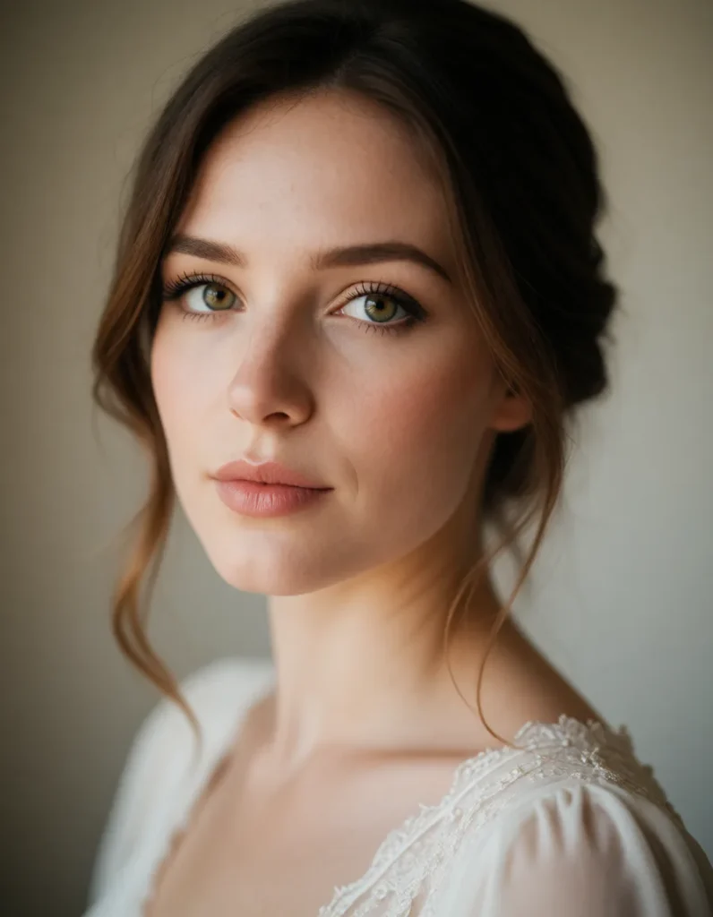 Portrait en gros plan d'une jeune femme aux cheveux châtains ondulés, vêtue d'une robe blanche en dentelle, lumière douce et