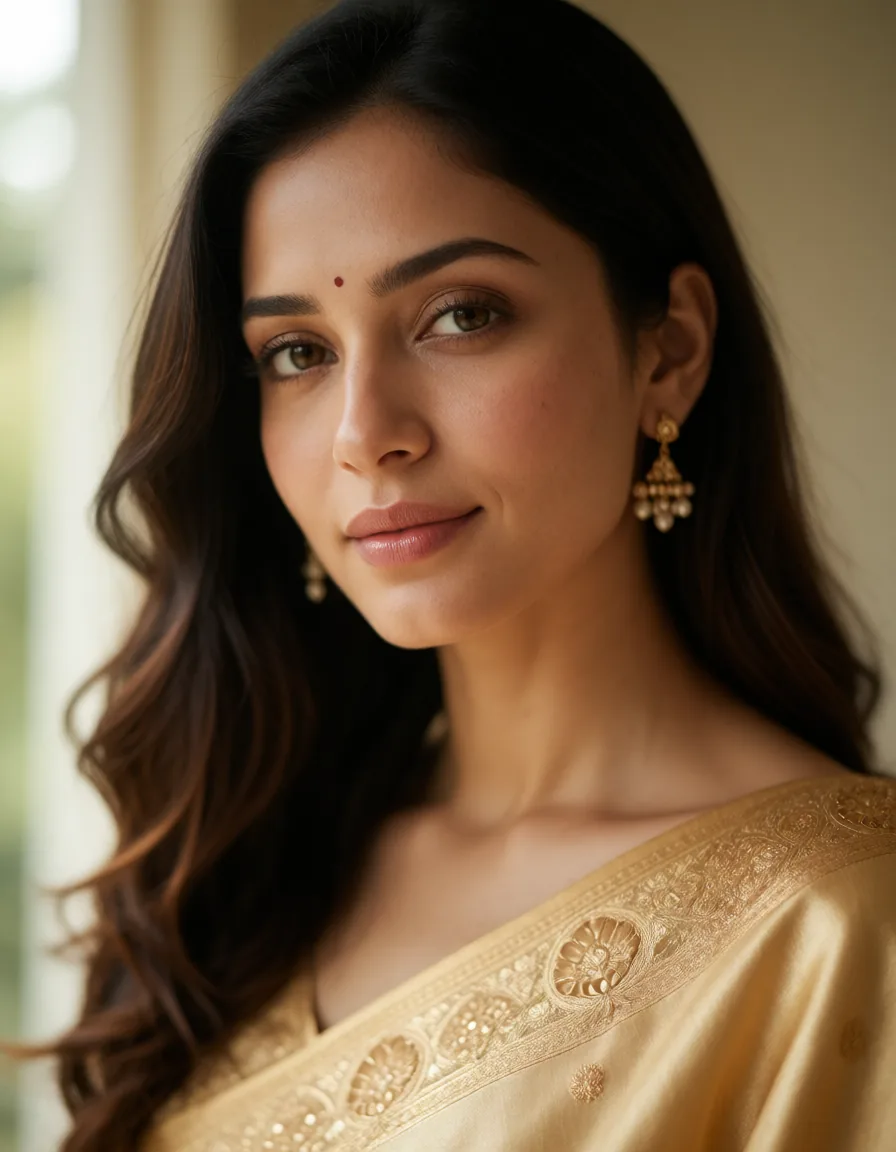 Portrait d'une femme aux cheveux bruns lissés, vêtue d'une robe dorée à motifs délicats, bijoux assortis et maquillage