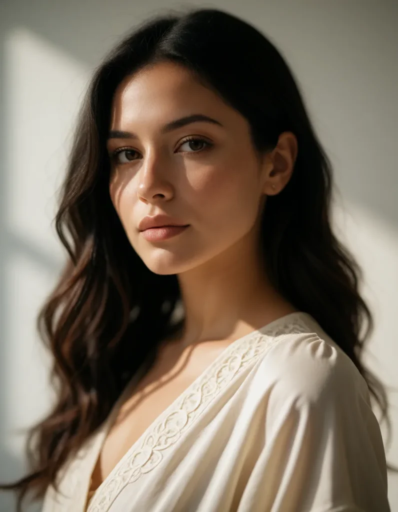 Portrait d'une femme aux cheveux bruns ondulés vêtue d'une robe en lin beige, éclairée par une lumière douce et contrastée