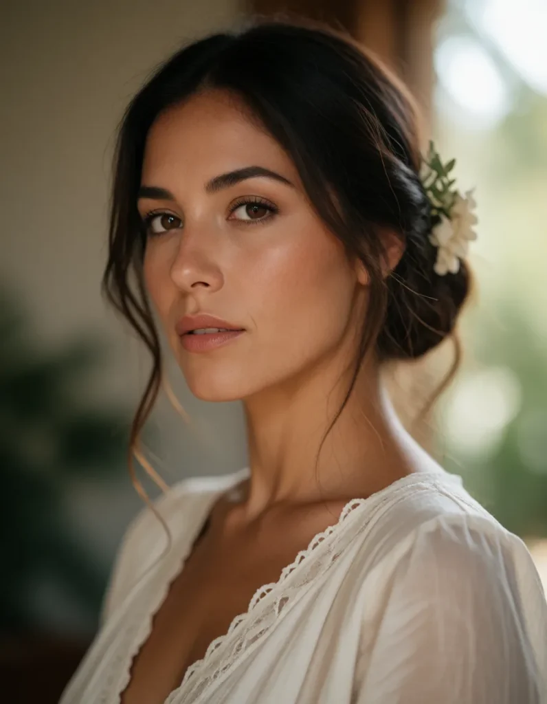 Portrait d'une femme aux cheveux bruns et bouclés, vêtue d'une robe en lin beige, dans un cadre naturel baigné de lumière