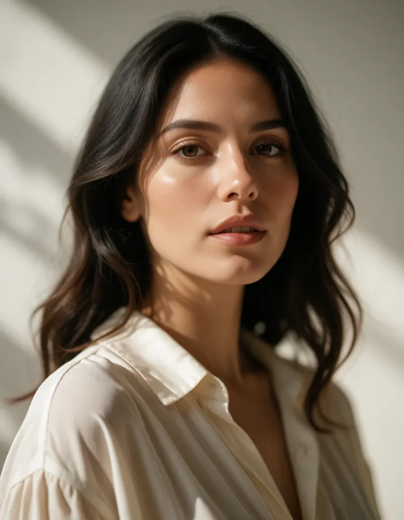 Portrait d'une femme aux cheveux bruns lissés, vêtue d'une robe en lin blanc, éclairée par une lumière douce et contrastée