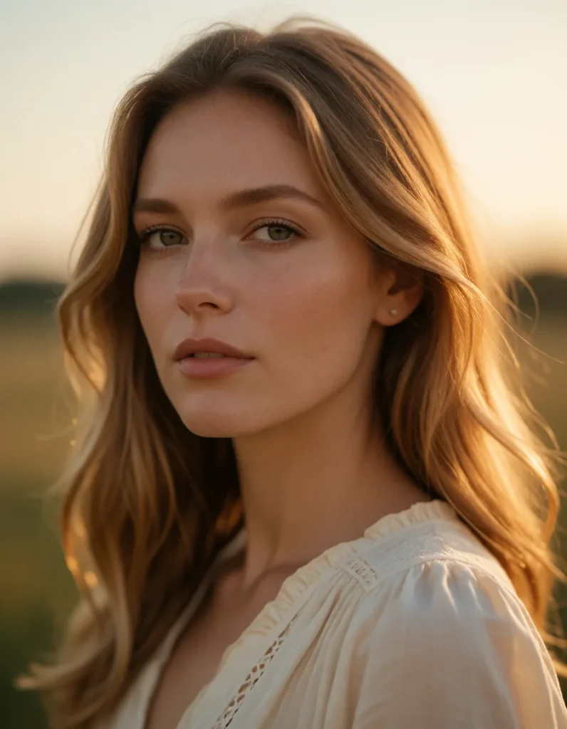 Portrait d'une jeune femme aux cheveux blonds ondulés, vêtue d'une robe en lin blanc à motifs ajourés, sous une lumière