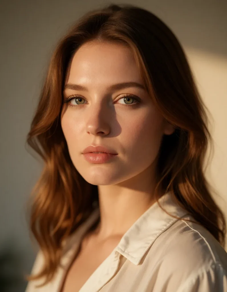 Portrait d'une jeune femme aux cheveux blonds ondulés, vêtue d'une robe blanche en lin, éclairée par une lumière dorée et