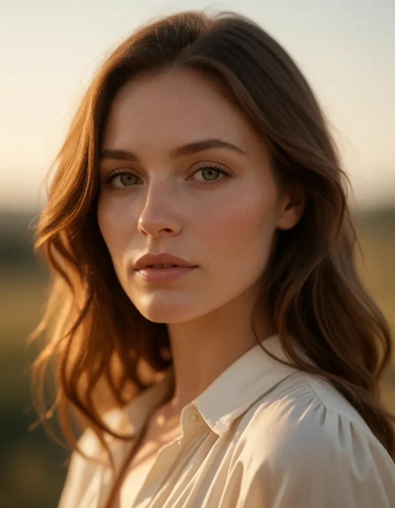 Portrait d'une jeune femme aux cheveux blonds ondulés, vêtue d'une robe en lin beige, éclairée par une lumière dorée et
