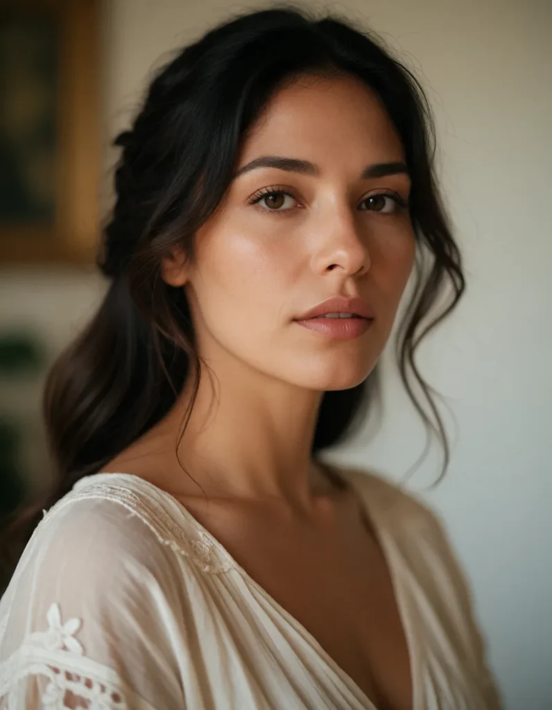 Portrait d'une femme aux cheveux bruns bouclés vêtue d'une robe en lin crème, lumière douce et fond flou aux tons chauds